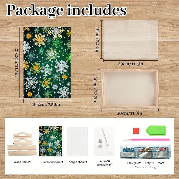 BAYUNOE DIY Diamond Serving Tray Christmas Rectangular Breakfast Tray with Handle Handmade Diamond Art Painting Wooden Tray for Dinner Plate Coffee Room Living Home Organizer-Snowflake