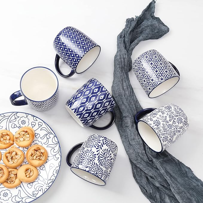 Selamica 10 oz Coffee Mugs Set of 6 with Handle, Coffee Cups Ceramic for Cappuccino Latte Cocoa Milk Tea, Dishwasher Microwave Safe, Vintage Blue