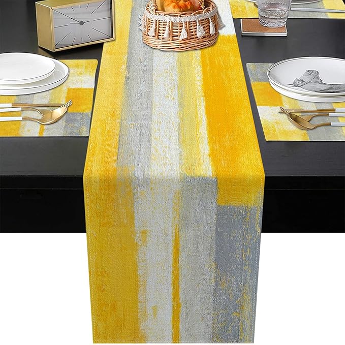 Emvency Yellow Abstract Table Runner and Placemats Set of 6, Modern Grey White Painting Art Dining Decor for Daily Use(1 Table Runner 72 inches Long and 6 Placemats)