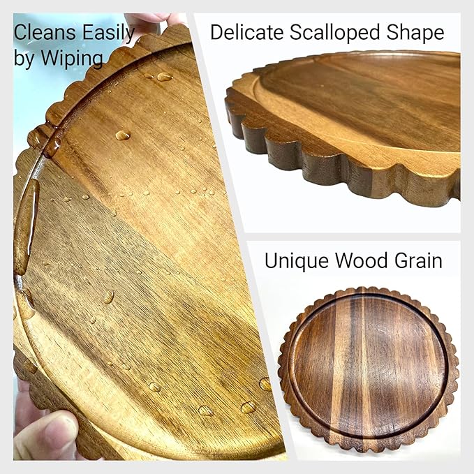 Small Wooden Decorative Tray,10 Inch Round Acacia Scalloped Tray for Coffee Table Decor,Bandeja de Madera para Decoración for Kitchen, Dining Room, Living Room and Home Decor