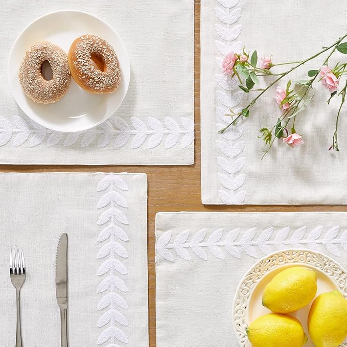 Wracra Embroidered Placemats, 13 x 18 Inch Set of 4 Placemats, Irregular Willow Rustic Place Mats for Kitchen Table and Heat Resistant, White 4PCS