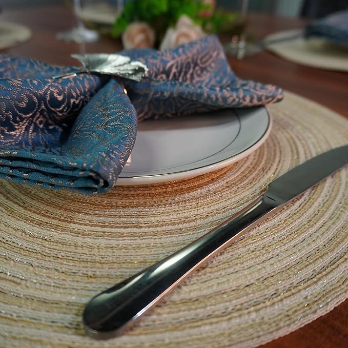 Red-A, Placemats, Round Placemats for Dining Table Set of 8 Woven Heat Resistant Non-Slip Kitchen Table Mats Diameter 14 Inch(Cream with Golden Silk)
