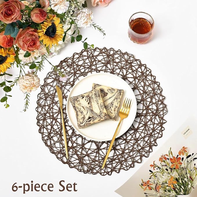 IcosaMro Brown Round Placemats Set of 6 for Dining Table, 15 Inch Paper Woven Boho Decorative Tan Circle Place Mat for Wedding Christmas Thanksgiving Day Holiday Dinner, Tan Brown