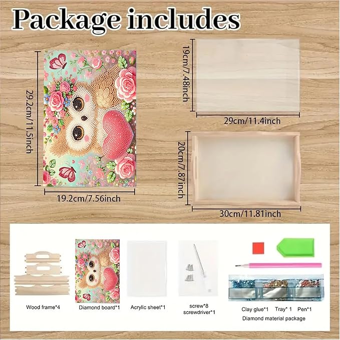 BAYUNOE DIY Diamond Serving Tray Rectangular Breakfast Tray with Handle Handmade Diamond Art Painting Wooden Tray Spring Creative Dinner Plate Coffee Room Living Home Organizer-Owl02