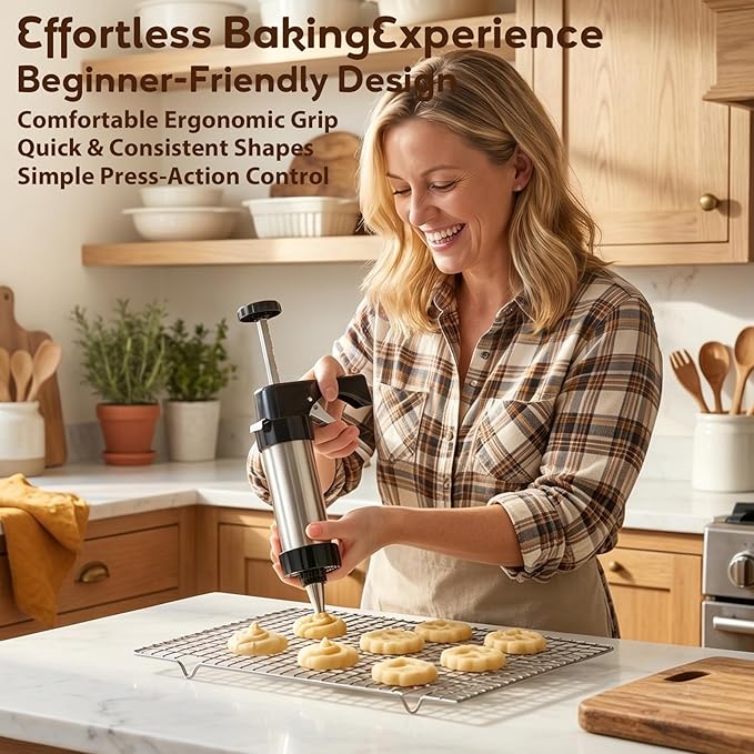 Cookie Press Gun Kit, Stainless Steel – 13 Discs + 8 Nozzles, Perfect for DIY Cookies & Decorating, Baking Gift for Women