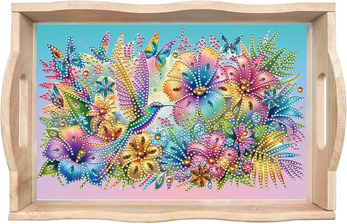 BAYUNOE DIY Diamond Serving Tray Rectangular Breakfast Tray with Handle Handmade Diamond Art Painting Wooden Tray Spring Creative Dinner Plate Coffee Room Living Home Organizer-Hummingbird