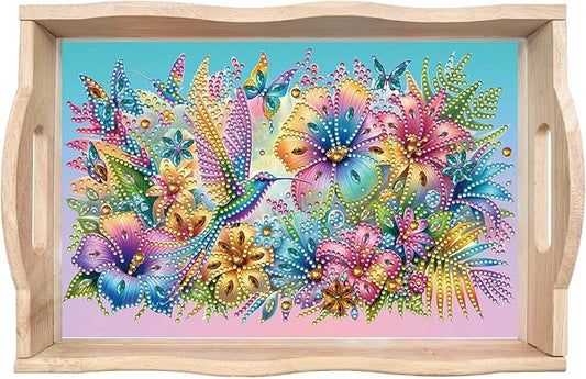 BAYUNOE DIY Diamond Serving Tray Rectangular Breakfast Tray with Handle Handmade Diamond Art Painting Wooden Tray Spring Creative Dinner Plate Coffee Room Living Home Organizer-Hummingbird