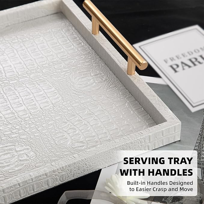 Modern Elegant Large Wood Serving Tray, Set of 2 Pearl White Crocodile Leather with Gold Polished Metal Handles, Home Decorative Rectangle Ottoman Platter Living Room Bathroom Vanity Tray
