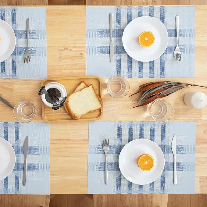 Winknowl Placemats Set of 6, Heat Resistant Stain Resistant Woven Vinyl Insulation Place mats, Durable Washable Elegant Table Mats for Kitchen Dining Table Decor (Geometric Blue)