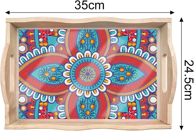 Generic DIY Diamond Serving Tray Rectangular Upgrade Increase Breakfast Tray with Handles Handmade Diamond Art Painting Wooden Tray Dinner Plate for Coffee Living Room Home Organizer-Mandala04