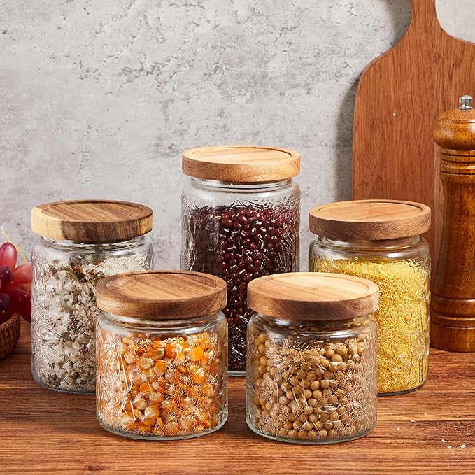 Gerrii 5 Pcs Vintage Glass Food Storage Containers 17/24/34 oz Glass Jar with Lid Airtight Candy Food Canisters for Kitchen Counter Pantry Coffee Beans(Clear,Sunflower Round)