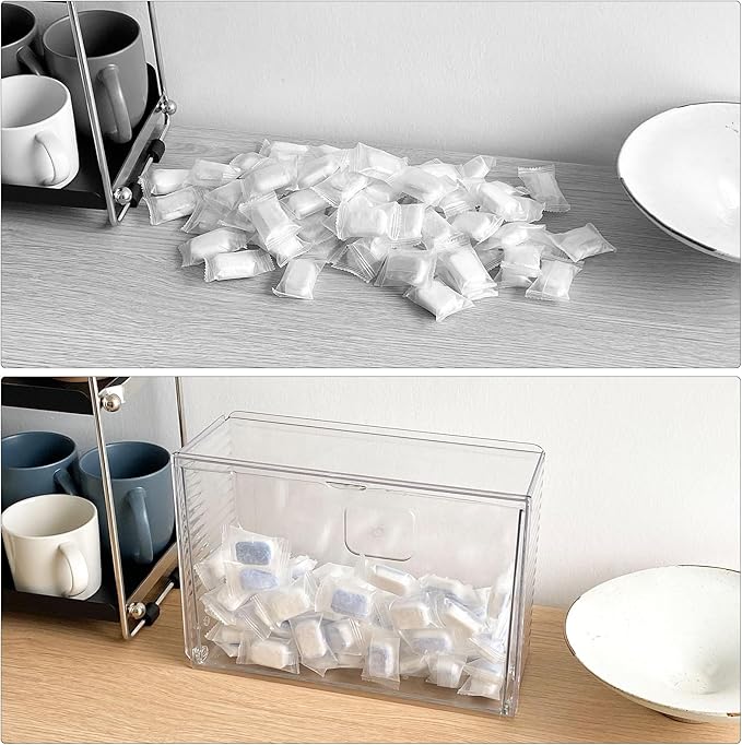Clear Dishwasher Detergent Pod Holder for Kitchen Cabinet, Plastic Under Sink Storage and Organizer for Lid, Sponge, Coffee Pods, Large Laundry Pods Dispenser Box with Divider