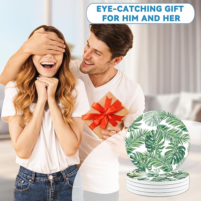 Drinks Coasters Set of 4, Green Palm Leaves Round 4" Cup Coasters, Absorbent Ceramic Stone Coasters with Cork Base, Cute Coasters for Table Home Décor, Ideal Gifts for Women Men