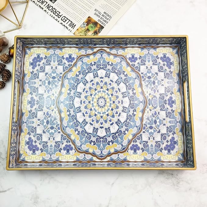 Blue Decorative Tray, Serving Tray with Handles, Plastic Large Tray for Coffee Table, Living Room, Decor, 15.7”*11.8”*1.6"