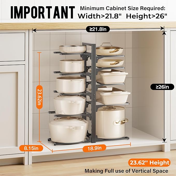 MUDEELA 10-Tier Pots and Pans Organizer under Cabinet, 23.62" Height Heavy Duty Pot and Pan Organizer Kitchen Cabinet Organization and Storage, Adjustable Pot Rack for Frying Pan, Cast Iron Skillet