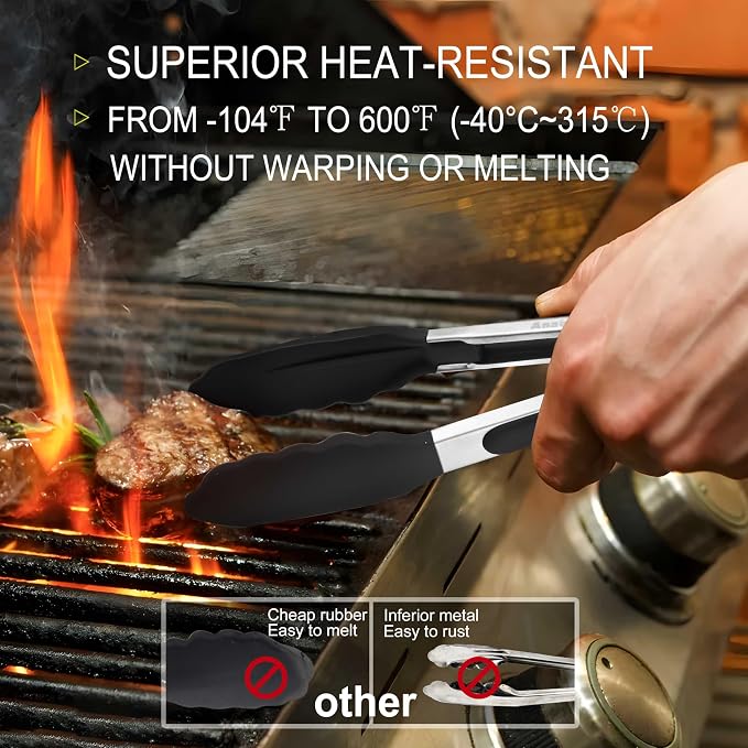 Anaeat Non-Stick Silicone Locking Tong Set of 3 - Stainless Steel 7", 9", 12" Kitchen Food Tongs with Non-Slip Silicone Tips and Grip for Cooking, Baking and BBQ - Heat Resistant up to 480°F (Black)