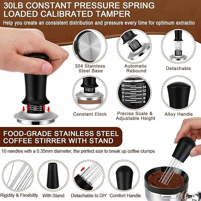 5 Pcs 51mm Espresso Accessories Kit, 3kg/0.1g Accurate Coffee Scale with Timer, Coffee Distributor Spring Loaded Calibrated Tamper WDT Tool and Dosing Funnel Set Fits 51mm Espresso Machines