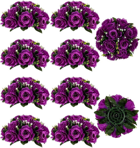 BLOSMON Flower Balls Wedding Rose Centerpieces 10 Pcs Purple Fake Flowers with Base Kissing Balls Decor Artificial Floral Arrangements Flower Bouquet of Roses Home Party Table DIY Decorations
