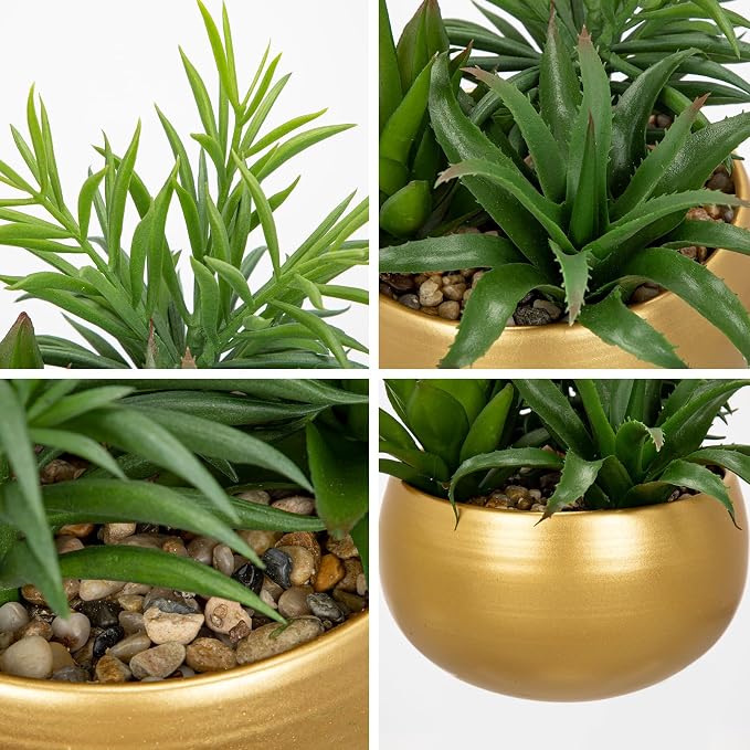 Briful Fake Succulents in Gold Metal Pot, Artificial Succulent Plants Arrangement for Home Decor, Small Faux Potted Plants Tabletop Centerpiece, Desk Office Bathroom Shelf Decorations