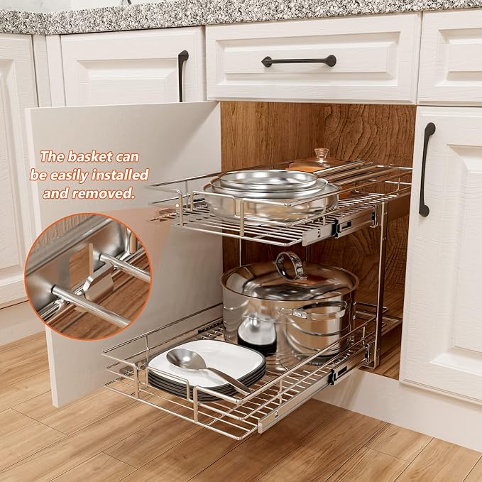 ROOMTEC Individual Pull Out Cabinet Organizer (11" W x 18" D), 2 Tier Spice Rack Organizer for Cabinet, Slide Out Drawer Pantry Shelf Organization and Storage for Kitchen Bathroom