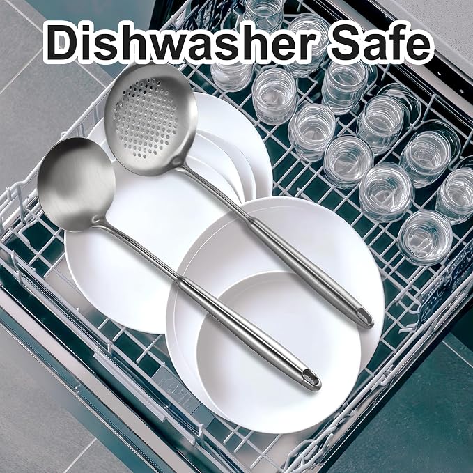 2PCS 18/10 Stainless Steel Ladle and Slotted Spoon, Soup Ladle and Strainer Spoons, Wok Utensils for Cooking, Stirring, Soup, Sauce, Dishwasher Safe
