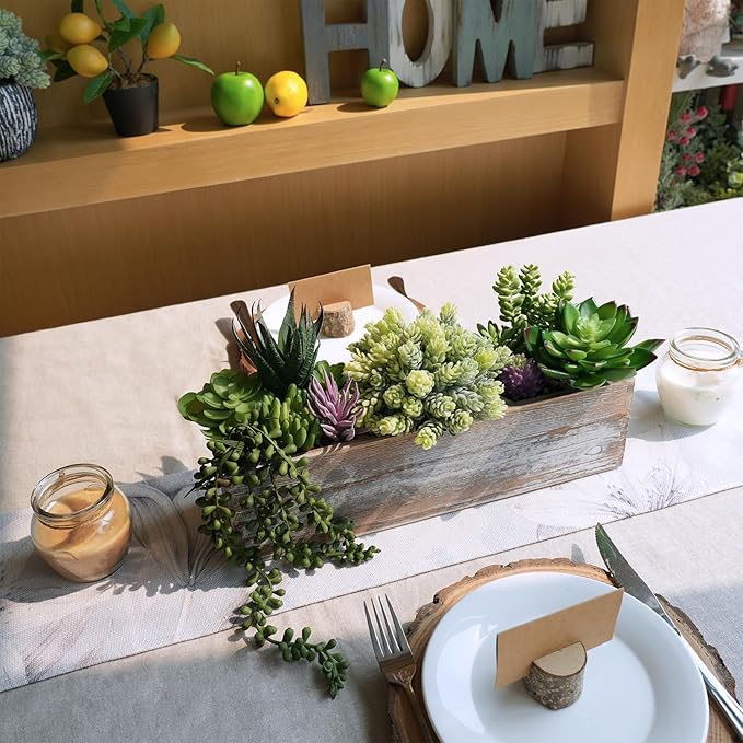 Winlyn Artificial Succulent Arrangement 14" Assorted Faux Succulents Plants in Rustic Rectangular Wooden Box Potted Succulents Plants for Farmhouse Home Table Centerpiece Windowsill Greenery Décor
