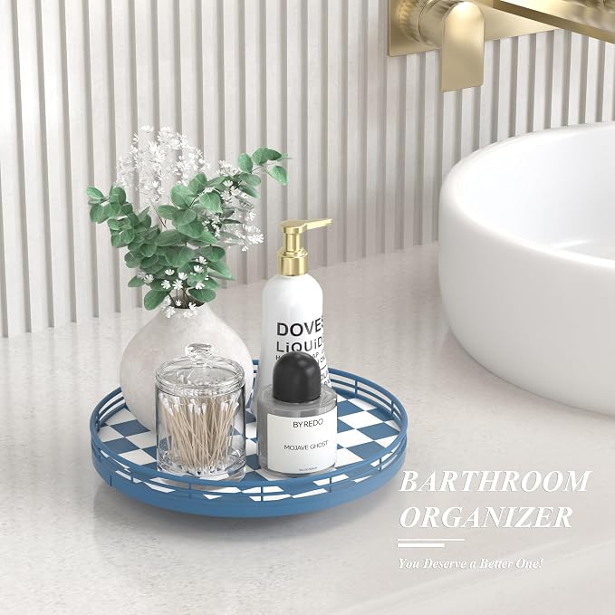 Premium Rubber Wood Lazy Susan Turntable, Blue White Checkerboard Decorative Serving Tray, Hand-Welded Metal Railing, Stable Rotating Organizer for Dining Table, Kitchen Counter, Coffee Table Decor