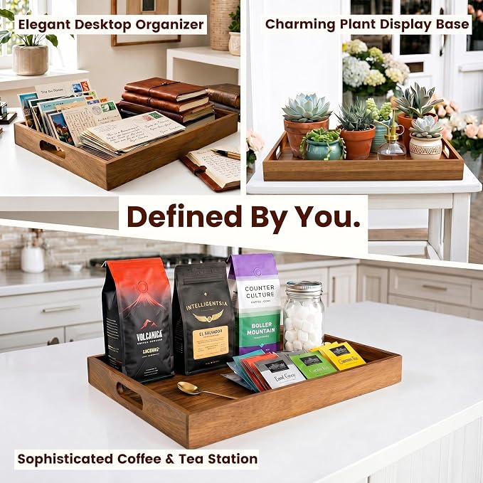 Acacia Wood Serving Tray Set of 2 with Handles for Food & Decor | Serve food & drinks, organize remotes and essentials, decorate coffee tables, ottomans, kitchen counters & living rooms.