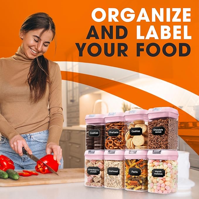 Set of 8 Airtight Food Storage Containers - Pantry Organizer Bins, BPA Free Plastic Containers plus Dry Erase Marker and Labels, Pink