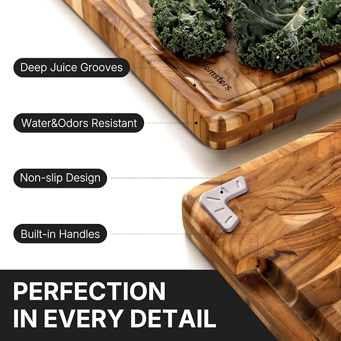 Teak Wood Extra Large End Grain Cutting Board for Kitchen with Non-slip Feet, Heavy Duty Checkered Cutting Board with Juice Groove & Handle Handcrafted Luxury Chopping Board for Meat, Vegetables