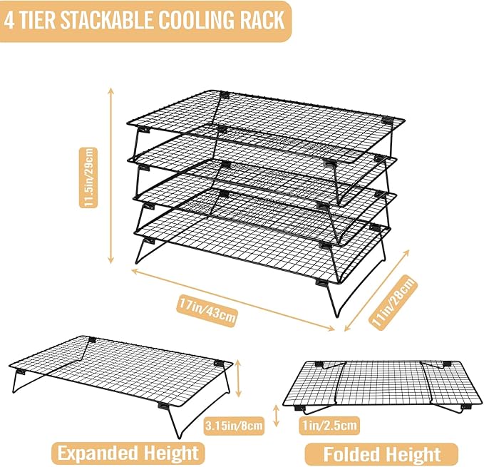 Cooling Rack for Baking 4 Tier, 17" * 11" Cookie Cooling Wire Rack for Roasting Grilling, Stackable Baking Racks for Cooking, Bread, Pizza, Cake, Oven and Dishwasher Safe