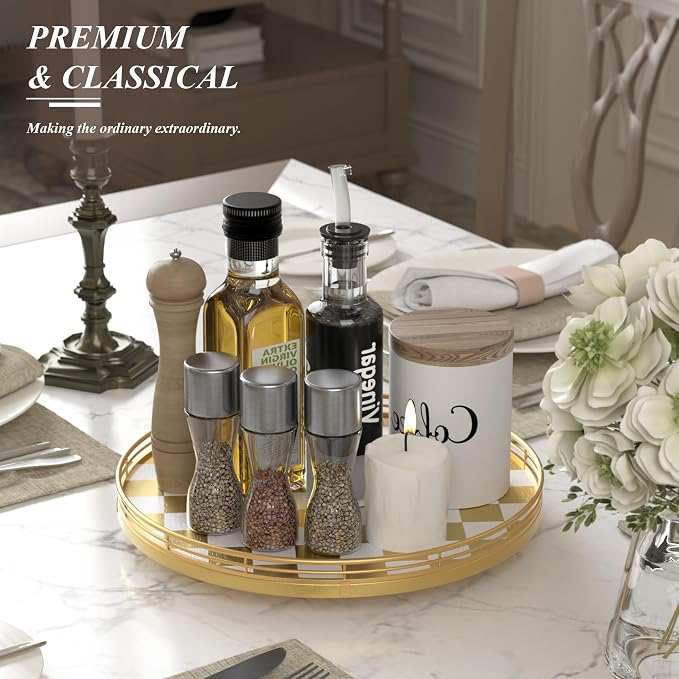 Premium Rubber Wood Lazy Susan Turntable, Gold White Checkerboard Decorative Serving Tray, Hand-Welded Metal Railing, Stable Rotating Organizer for Dining Table, Kitchen Counter, Coffee Table Decor