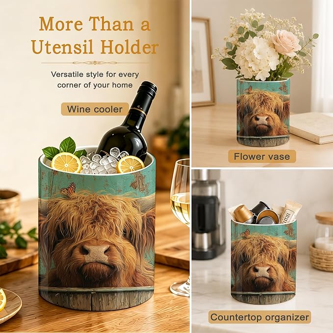 Highland Cow Utensil Holder for Countertop,Sunflower Butterfly Ceramic Utensil Crock Organizer for Home Kitchen Spoons,Spatulas and Cooking Tools