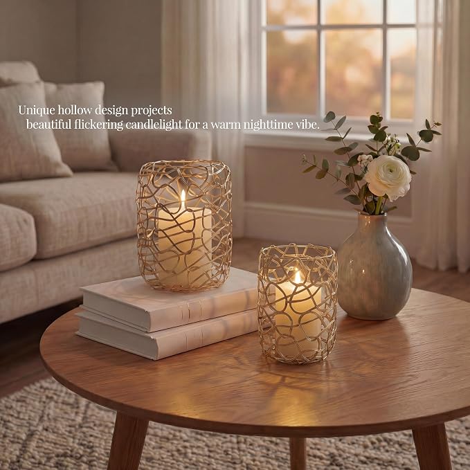 Nest Decorative Lanterns for 2'' & 3'' Pillar Candles, Gold Candle Holders Set of 2, Modern Metal Candleholder Stand for Fireplace Mantel Decor & Table Centerpieces for Christmas