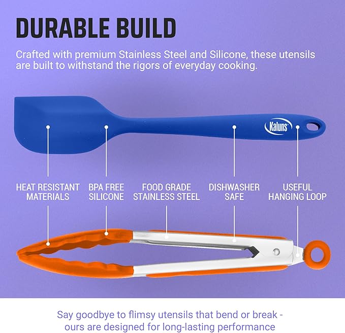 Kaluns Kitchen Tongs for Cooking Grilling Set of 4, BBQ Grill Tongs With Silicone Tip Stainless Steel Heat Resistant, Non-stick Pull Lock, Incl 7, 9, 12 Inch Tong Plus a Silicone Spatula