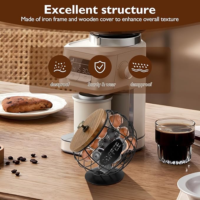 Coffee Pod Holder with Lid, Large Capacity Unique Spherical Design Cup Holder with Wood Lid, Black Wire Coffee Capsule Storage Basket for Kitchen Countertop, Cafe Bar Organizer (black)