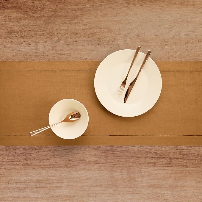 Solino Home Linen Brown Sugar Table Runner 108 Inches Long - 100% Pure Linen 14 x 108 Inch Table Runner - Classic Hemstitch