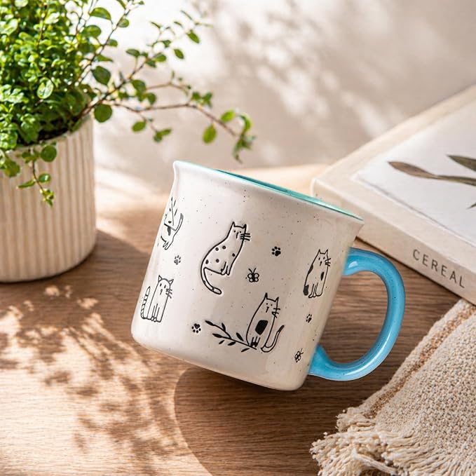 AmorArc 22 OZ Large Ceramic Coffee Mugs Set of 2, Oversized Mugs With Big Handle for Men Women Dad Mom, Big Mug With Textured Dogs Cats Patterns for Office & Home -Microwave Safe, 2 Pcs-Blue