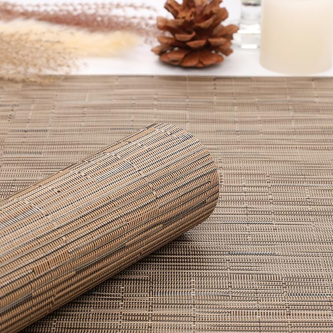 Myir JUN Placemats Set of 4, Vinyl Woven Placemats Place Mats Indoor Set of 4 Washable Table Mats Non-Slip Place mats for Dining Table (Light Brown, Set of 4)