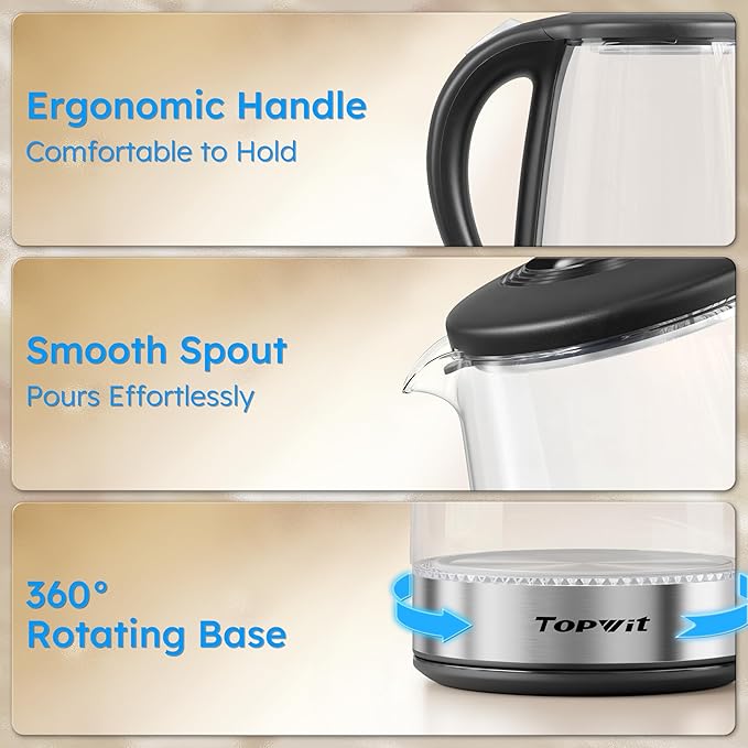TOPWIT Electric Kettle Glass Hot Water Kettle, 2.0L Water Warmer, BPA-Free Stainless Steel Lid & Bottom, Tea Kettle with Fast Heating, Auto Shut-Off & Boil Dry Protection