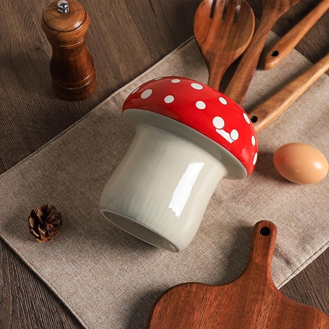 Mushroom Shaped Ceramic Kitchen Utensil Holder, Large Cooking Utensil Crocks for Kitchen Countertop, Ceramic Utensil Organizer for Spatula, Kitchen, Home Decoration-Red