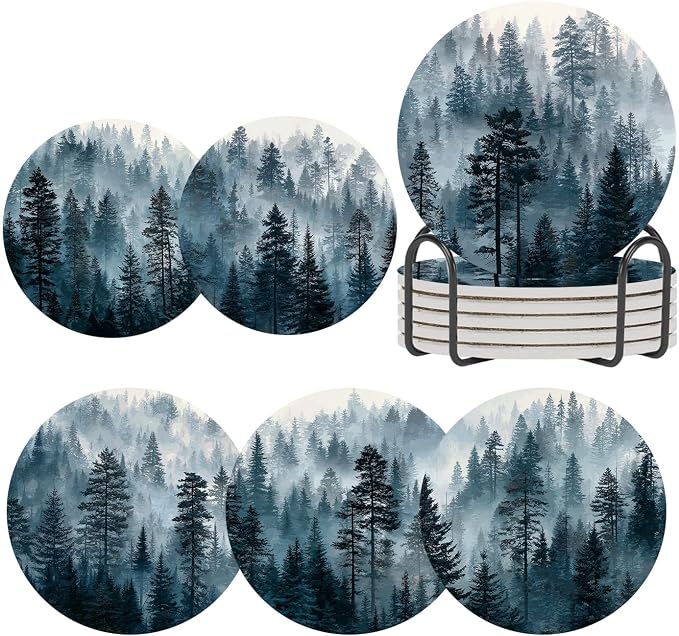 Misty Pine Forest Coasters for Drinks Set of 6, Round Absorbent Ceramic Coaster with Metal Holder, Watercolor Woodland Landscapes Coasters with Cork Base for Coffee Table, Home Decor, Gifts
