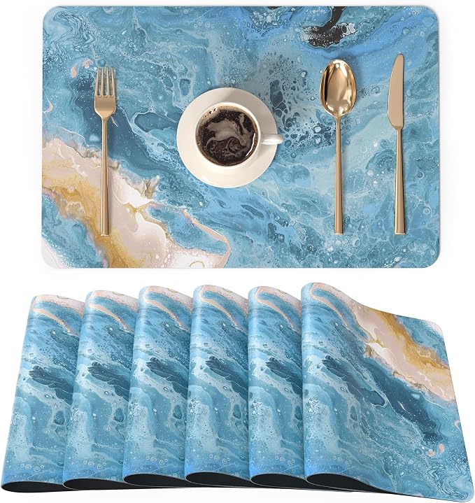QiyI Placemats Set of 6, 12x18 Inch Faux Leather Place Mats for Kitchen Dinning, Heat Resistant Anti Slip Pink Gold Table Mats, Waterproof Wipeable Washable Placemat Party Table Décor, Blue Marble