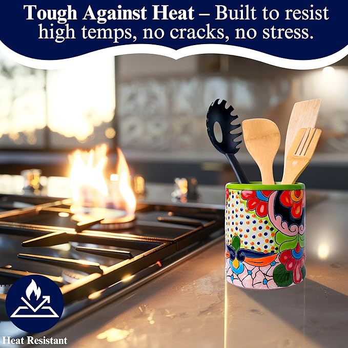 Talavera Utensil Holder – Hand Painted Ceramic Spoon Crock – Colorful Utensil Crock – Large Mexican Spoon Rest – 6" H (Green)