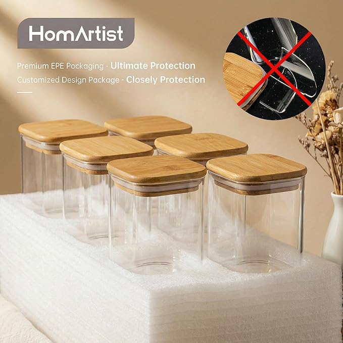 HomArtist Square Glass Jars with Bamboo Lids [Muti Size Set of 5], Glass Canisters with Airtight Lids, Glass Food Storage Containers for Pasta, Cereal, Flour, Sugar, Best for Kitchen & Pantry
