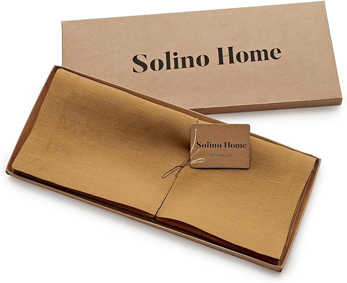 Solino Home Linen Table Runner 48 Inches - 100% Pure Linen Caramel Table Runner 14 x 48 Inch Ideal for Dresser and Coffee Tables, Spring, Summer - Fete