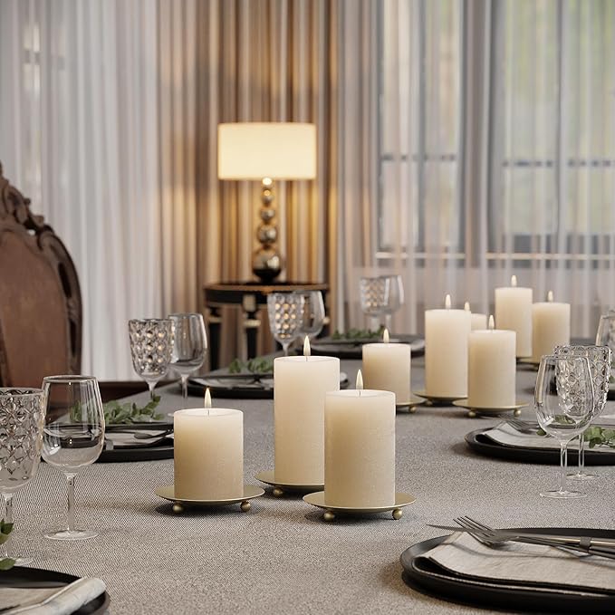 Gold Candle Holders for Pillar Candles, Set of 6 Premium Metal Candle Plates Candle Stand for LED or Wax Candles, Decorative Pillar Candle Holder Dish for Table Centerpiece