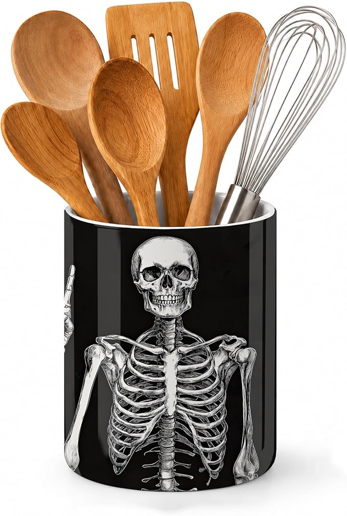 Utensil Holder for Countertop,Funny Skull Ceramic Utensil Crock Organizer for Home Kitchen Spoons,Spatulas and Cooking Tools