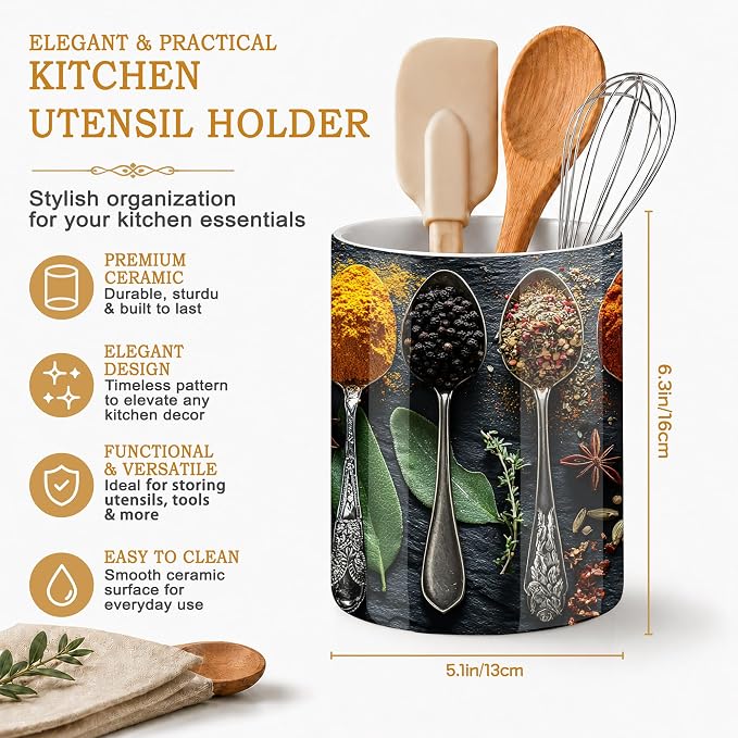 Ceramic Kitchen Utensil Holder for Countertop,Cooking Herbs Spices Large Utensil Crock for Kitchen Counter,Cooking Utensil Organizer for Spatulas,Spoons
