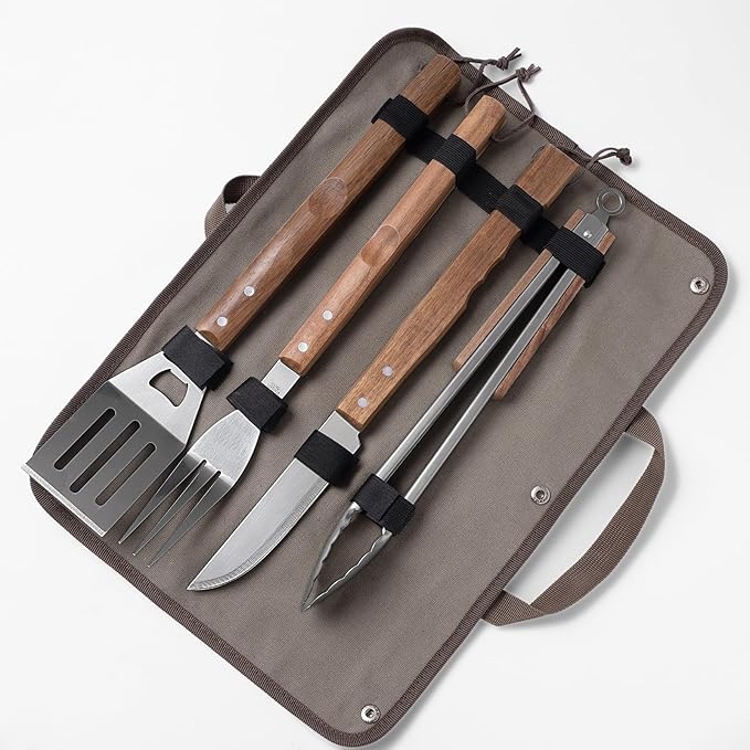 5pcs BBQ Grill Accessories Set - Stainless Steel Grilling Tools with Ergonomic Wooden Handle Includes Spatula, Tongs, Knife, Fork & Carry Bag, Grill Tools Set BBQ Utensils Gifts Set for Men Dad